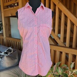 COLUMBIA PFG Pink and White Sleeveless Button Down Shirt with Notched Collar
